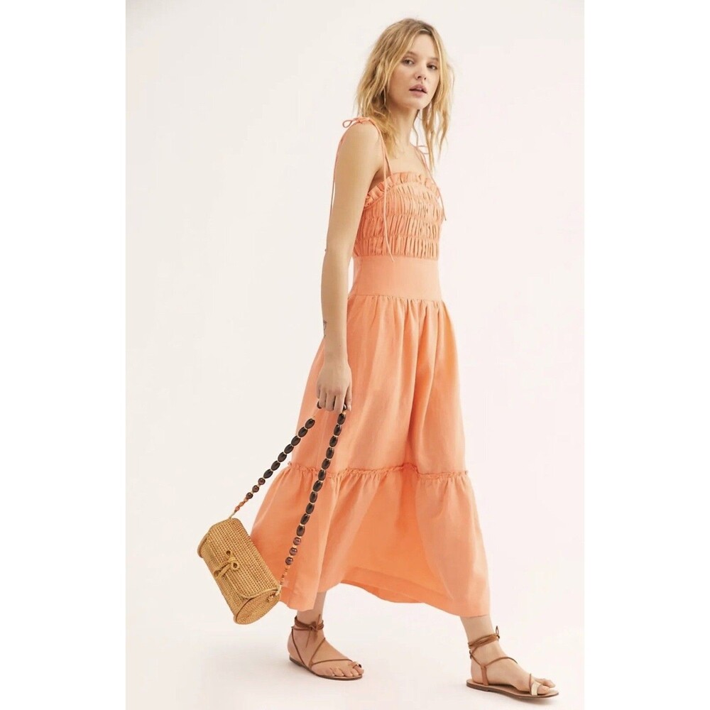 Free People Midi Dress Women Late Checkout Preppy Orange Vacay Boho Small New - Picture 5 of 12